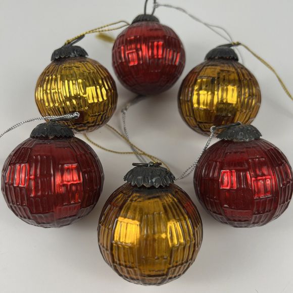 Vtg Kugel Style Thick Mercury Glass Scarlet Red &‎ Amber Ball Ornaments Set/6 - Picture 1 of 12